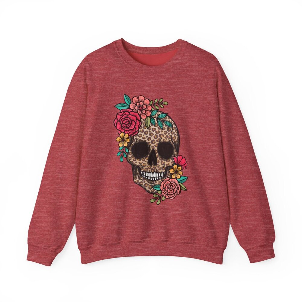 Skull with Vibrant Flowers Unisex Gildan Sweatshirt Crewneck - Picture 9 of 13